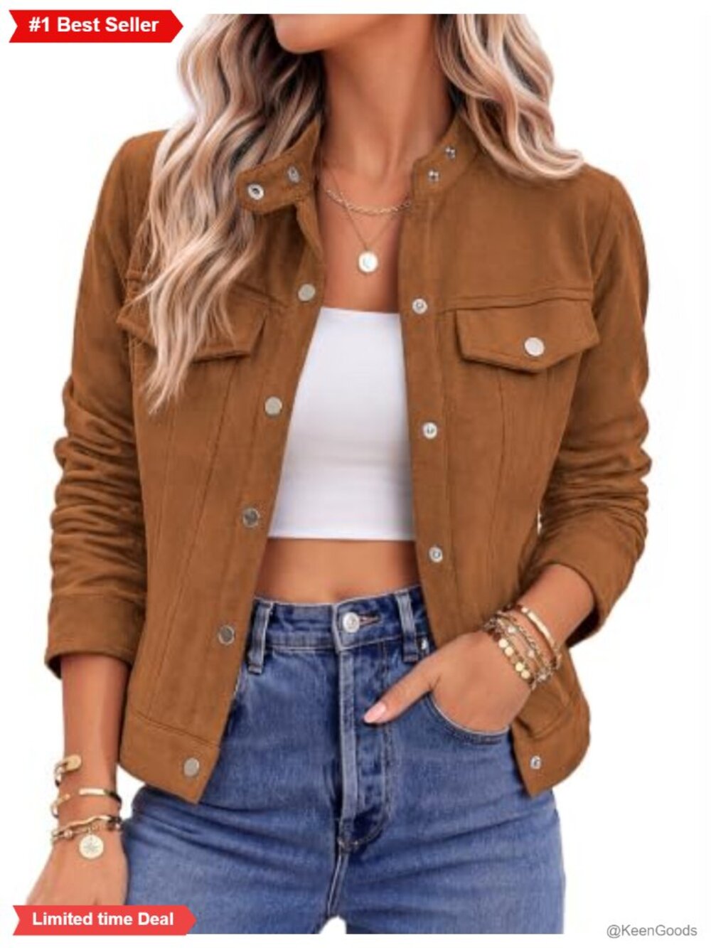 Faux Suede Cropped Jacket Snap Button Pockets Casual Fall Layering